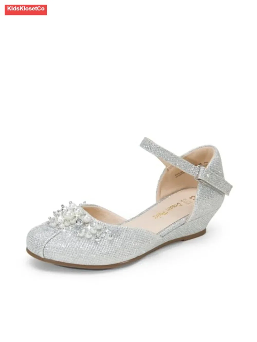 Girls Dress Shoes Low Wedge Pumps with Pearls Rhinestone Flower Girl Princess
